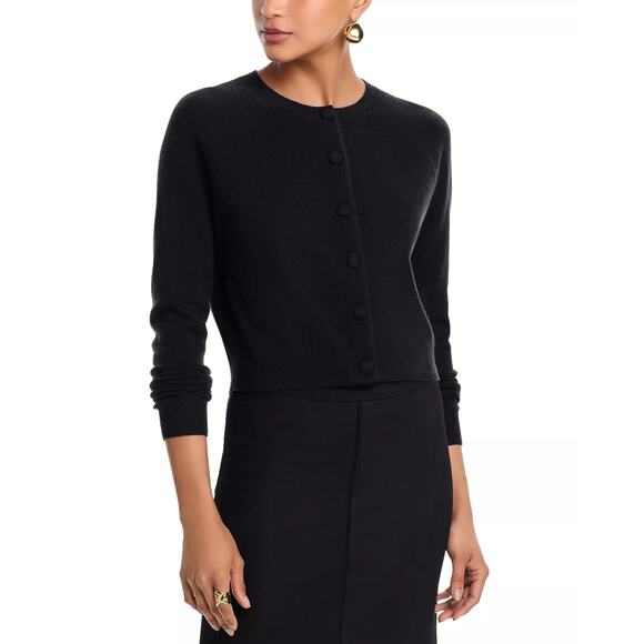 BLOOMINGDALES AQUA CASHMERE CREWNECK CARDIGAN BLACK - Picture 1 of 7